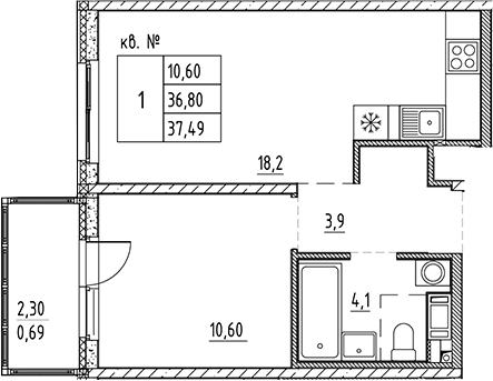 Планировка — PLUS Пулковский, 2-комн., 37 м²