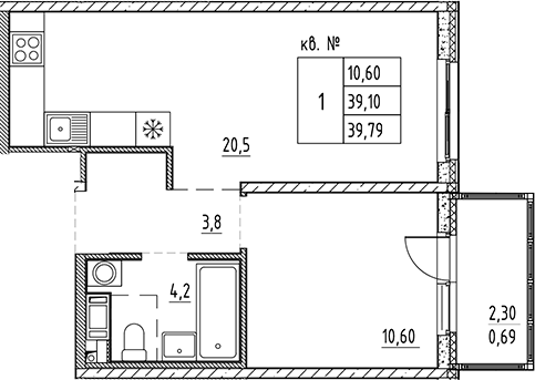 Планировка — PLUS Пулковский, 2-комн., 39 м²