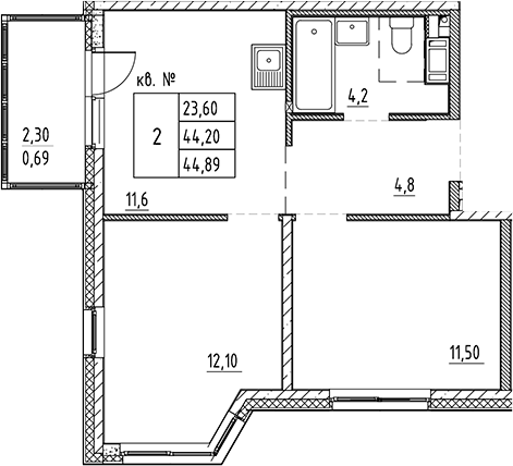 Планировка — PLUS Пулковский, 2-комн., 44 м²