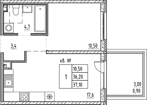 Планировка — PLUS Пулковский, 2-комн., 36 м²
