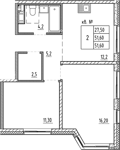 Планировка — PLUS Пулковский, 2-комн., 52 м²