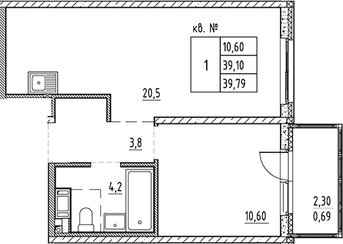 Планировка — PLUS Пулковский, 2-комн., 39 м²