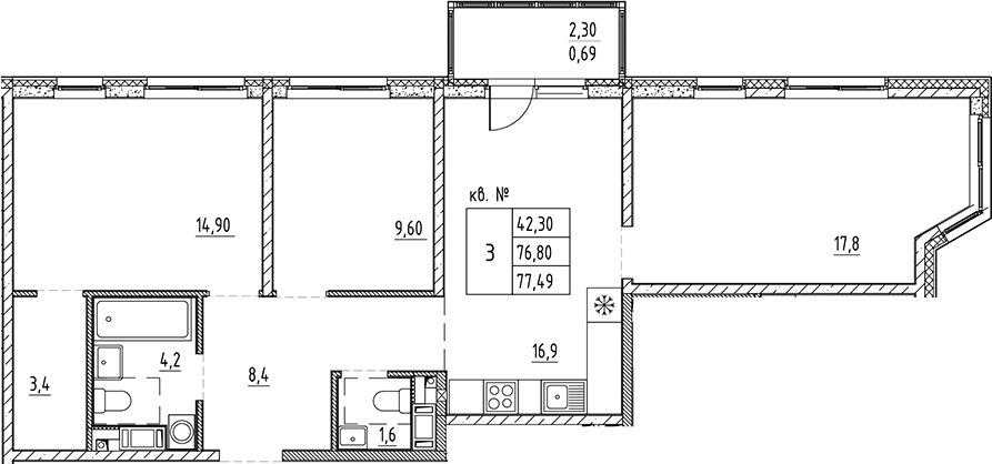 Планировка — PLUS Пулковский, 4-комн., 77 м²
