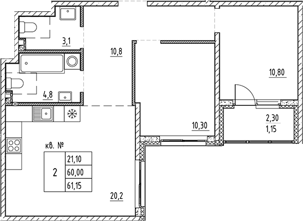 Планировка — PLUS Пулковский, 3-комн., 60 м²