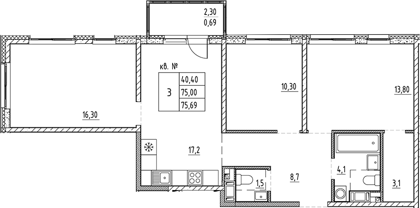 Планировка — PLUS Пулковский, 4-комн., 75 м²