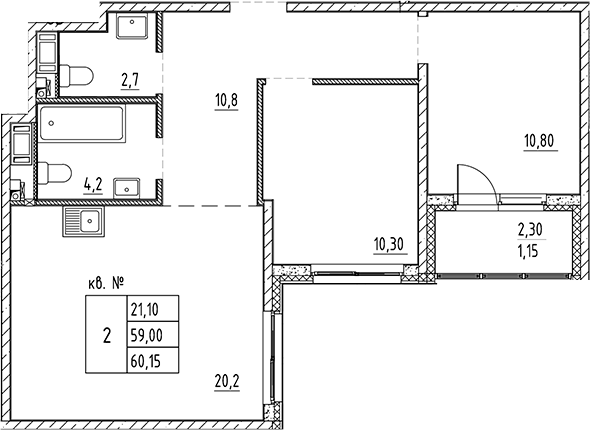 Планировка — PLUS Пулковский, 3-комн., 59 м²