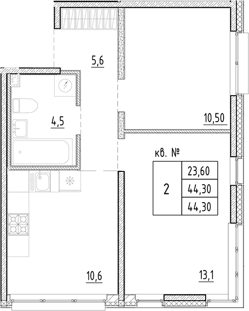 Планировка — PLUS Пулковский, 2-комн., 44 м²