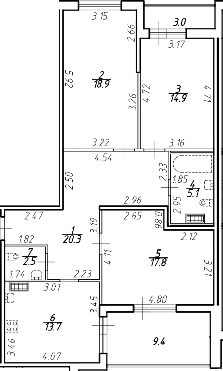 Планировка — Ингрия Лэнд, 3-комн., 92 м²