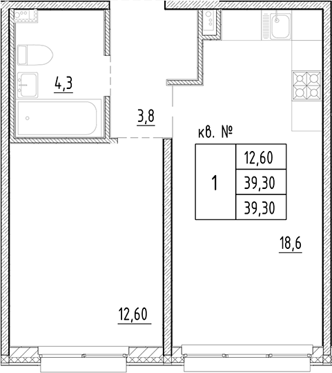 Планировка — PLUS Пулковский, 2-комн., 39 м²