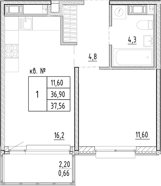 Планировка — PLUS Пулковский, 2-комн., 37 м²