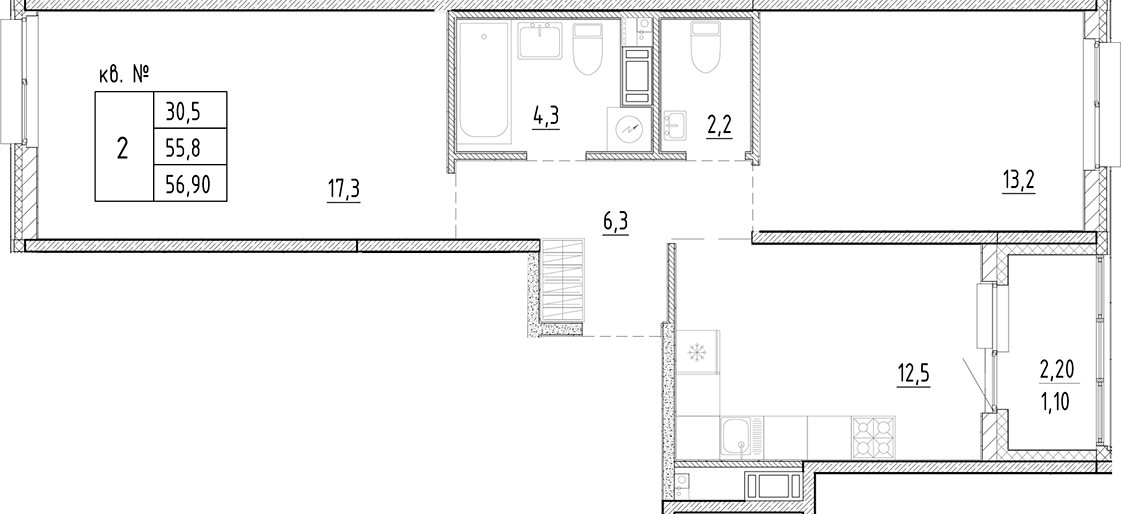 Планировка — PLUS Пулковский, 2-комн., 56 м²