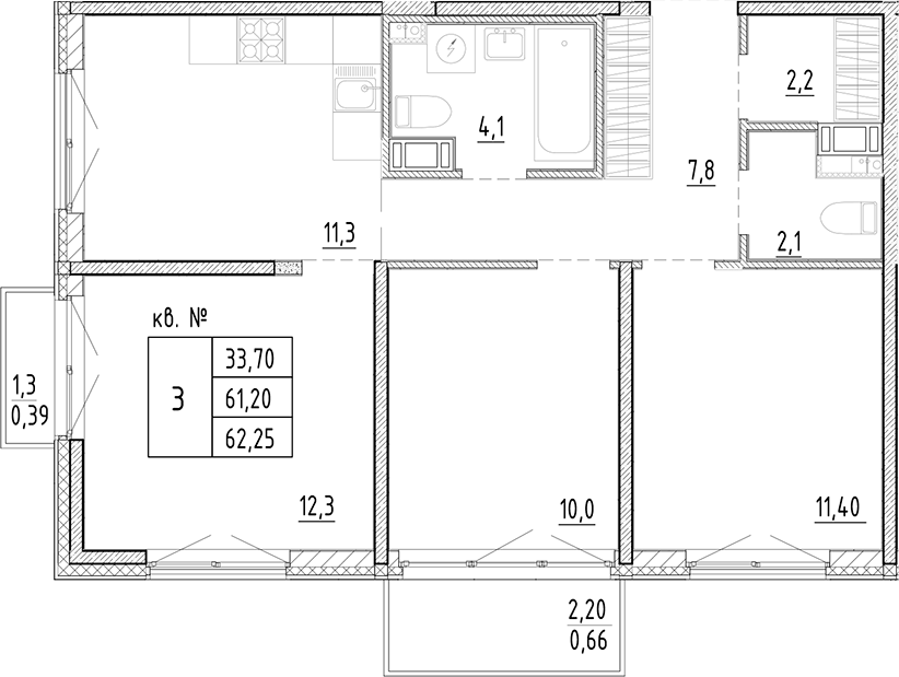 Планировка — PLUS Пулковский, 3-комн., 61 м²