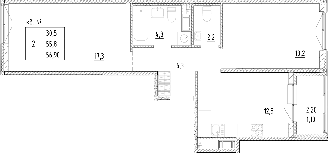 Планировка — PLUS Пулковский, 2-комн., 56 м²