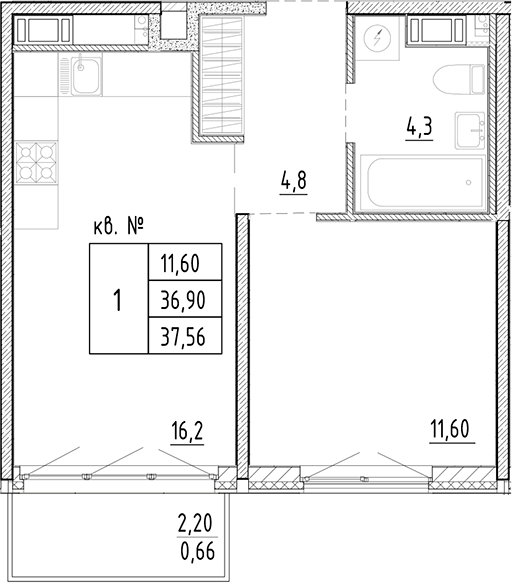 Планировка — PLUS Пулковский, 2-комн., 37 м²