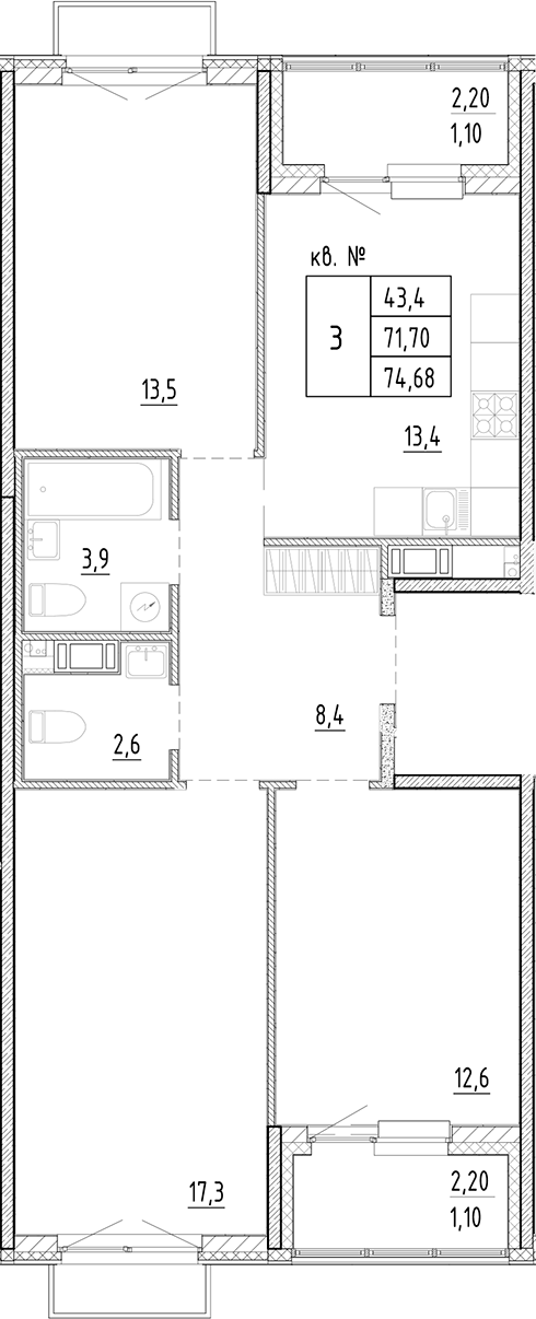 Планировка — PLUS Пулковский, 3-комн., 72 м²