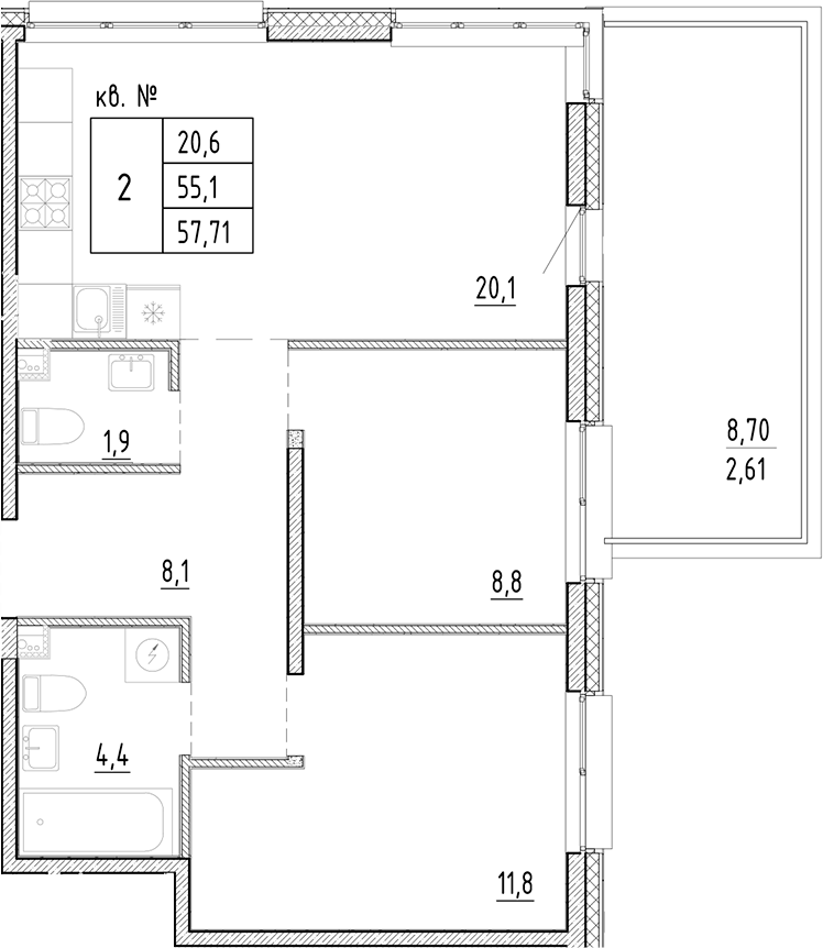 Планировка — PLUS Пулковский, 3-комн., 55 м²