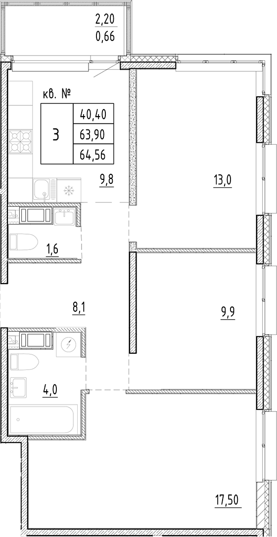 Планировка — PLUS Пулковский, 3-комн., 64 м²