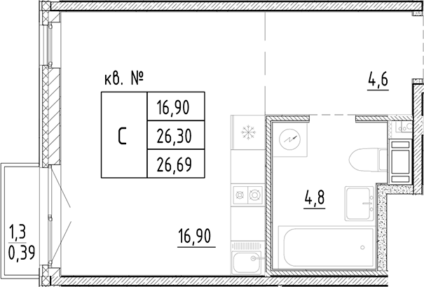 Планировка — PLUS Пулковский, Студия, 26 м²