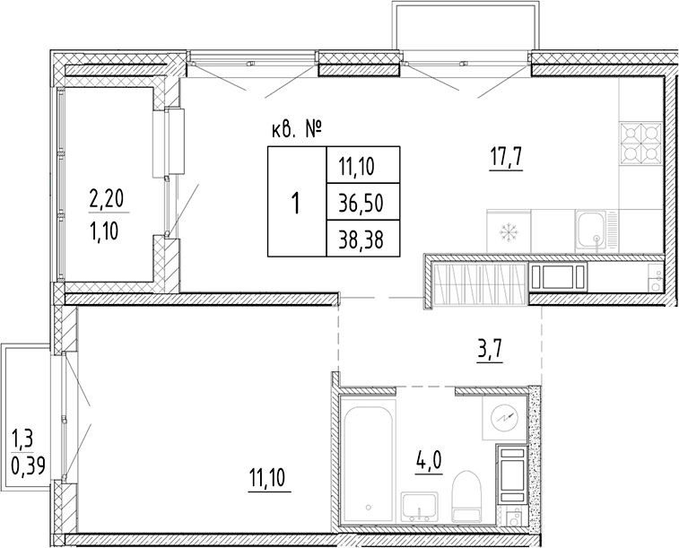 Планировка — PLUS Пулковский, 2-комн., 37 м²