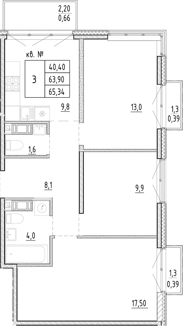Планировка — PLUS Пулковский, 3-комн., 64 м²