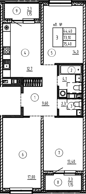 Планировка — PLUS Пулковский, 3-комн., 73 м²