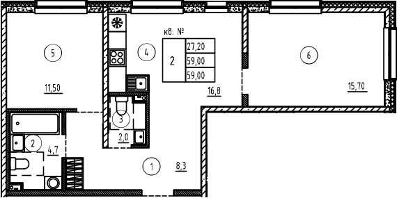 Планировка — PLUS Пулковский, 3-комн., 59 м²