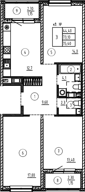 Планировка — PLUS Пулковский, 3-комн., 73 м²