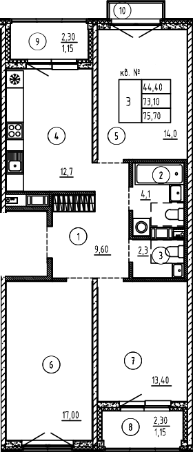 Планировка — PLUS Пулковский, 3-комн., 73 м²