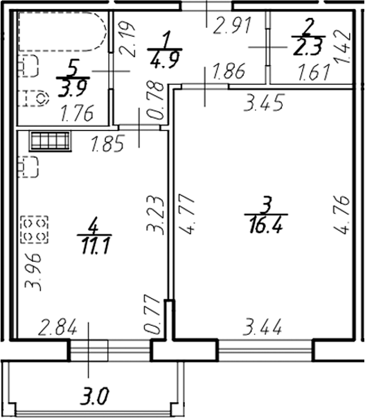 Планировка — Ингрия Лэнд, 1-комн., 38 м²
