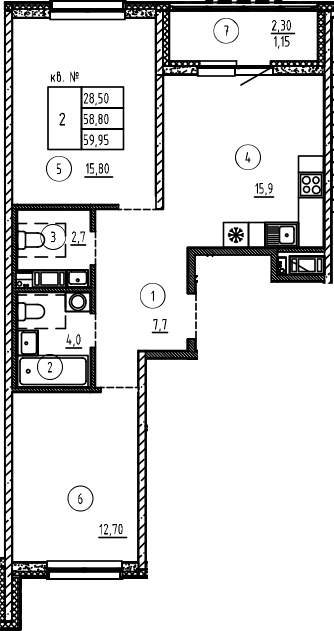 Планировка — PLUS Пулковский, 3-комн., 59 м²