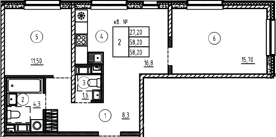 Планировка — PLUS Пулковский, 3-комн., 58 м²
