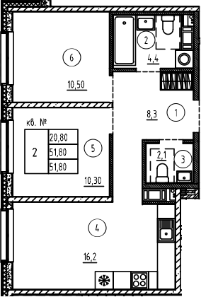 Планировка — PLUS Пулковский, 3-комн., 52 м²