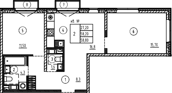 Планировка — PLUS Пулковский, 3-комн., 58 м²