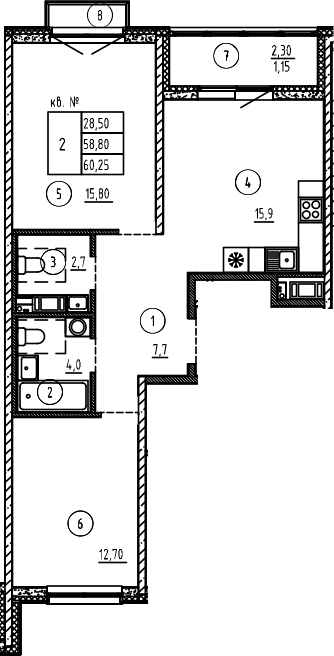 Планировка — PLUS Пулковский, 3-комн., 59 м²