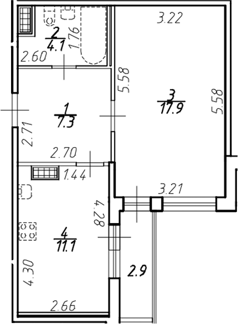 Планировка — Ингрия Лэнд, 1-комн., 40 м²