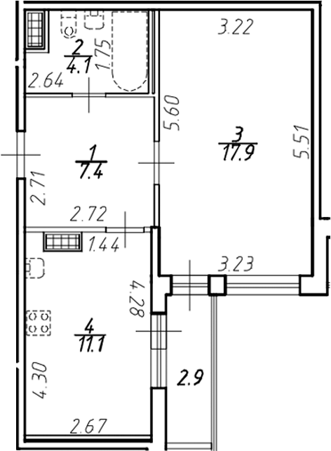 Планировка — Ингрия Лэнд, 1-комн., 41 м²