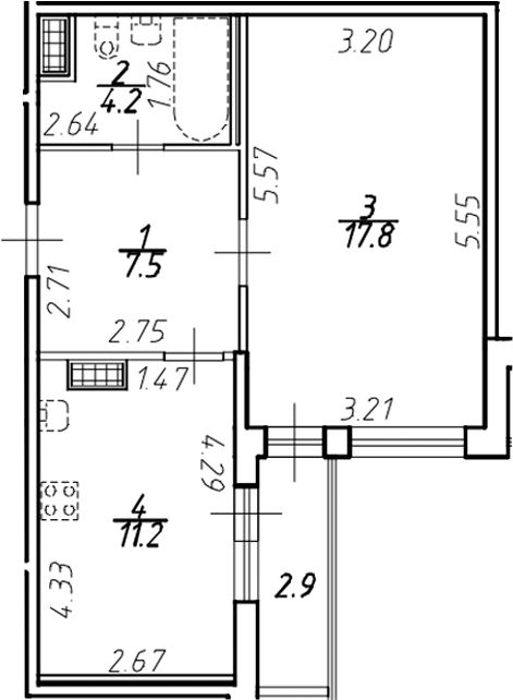 Планировка — Ингрия Лэнд, 1-комн., 41 м²