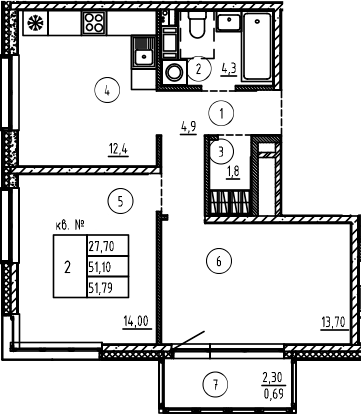 Планировка — PLUS Пулковский, 2-комн., 51 м²