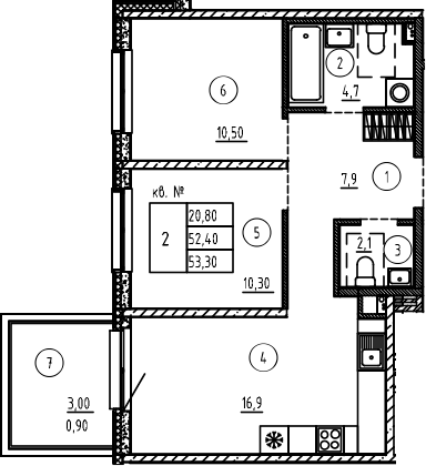 Планировка — PLUS Пулковский, 3-комн., 52 м²