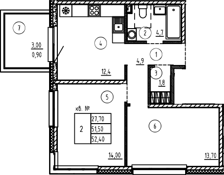 Планировка — PLUS Пулковский, 2-комн., 52 м²