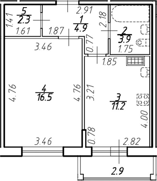 Планировка — Ингрия Лэнд, 1-комн., 38 м²