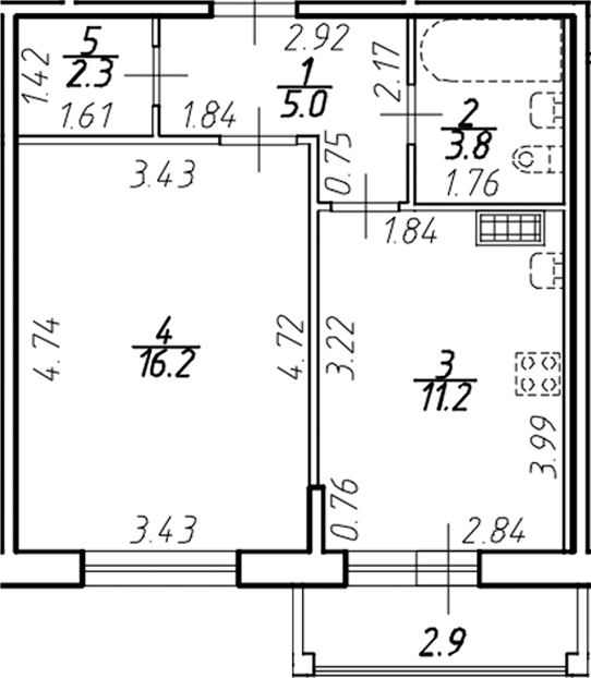 Планировка — Ингрия Лэнд, 1-комн., 38 м²
