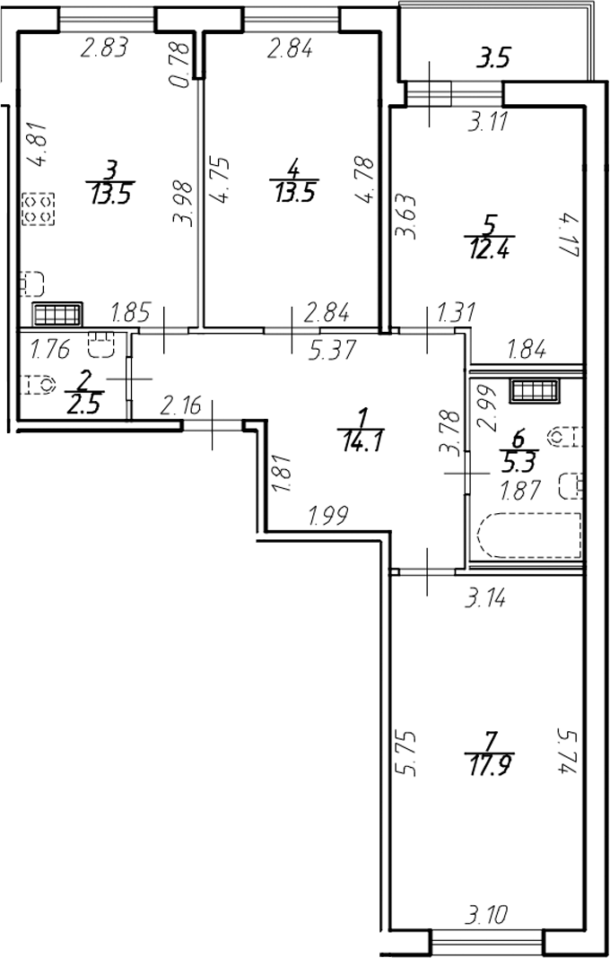Планировка — Ингрия Лэнд, 3-комн., 79 м²