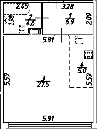 Планировка — Дом на Бронницкой, Студия, 44 м²