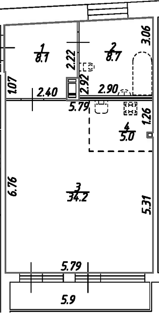 Планировка — Дом на Бронницкой, Студия, 56 м²