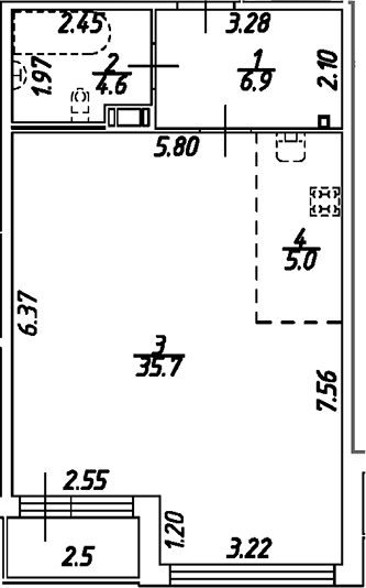 Планировка — Дом на Бронницкой, Студия, 52 м²
