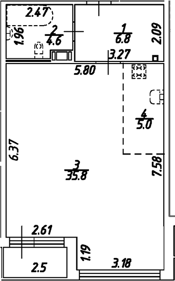 Планировка — Дом на Бронницкой, Студия, 52 м²