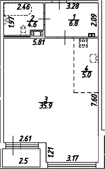 Планировка — Дом на Бронницкой, Студия, 52 м²
