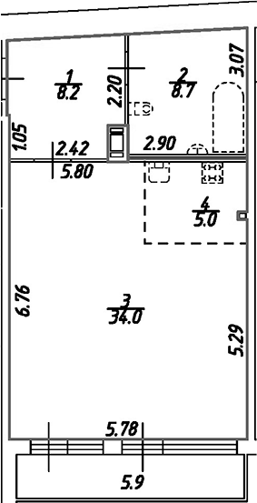 Планировка — Дом на Бронницкой, Студия, 56 м²