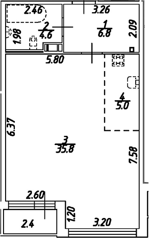 Планировка — Дом на Бронницкой, Студия, 52 м²